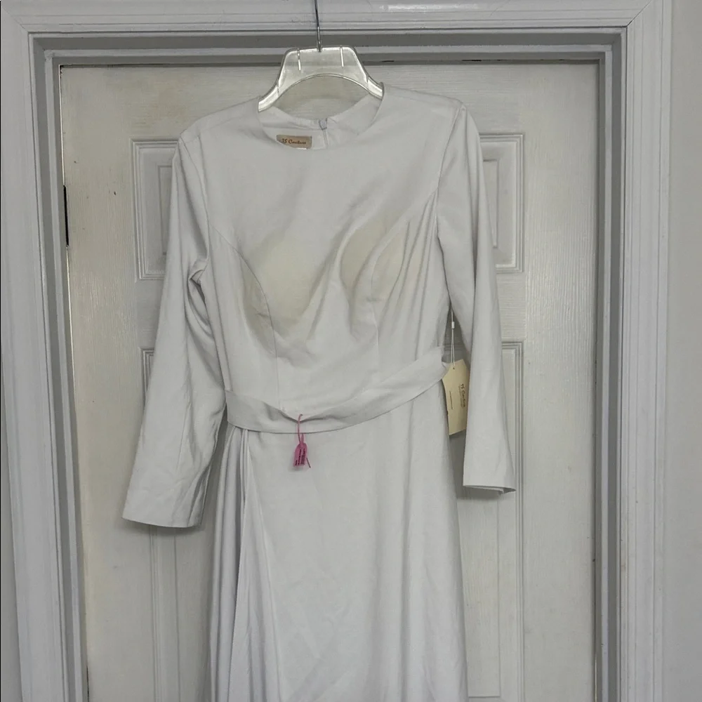 TS Couture Chic Long Sleeve White Dress w/ Bra Cups and flowy veil at waist, NWT